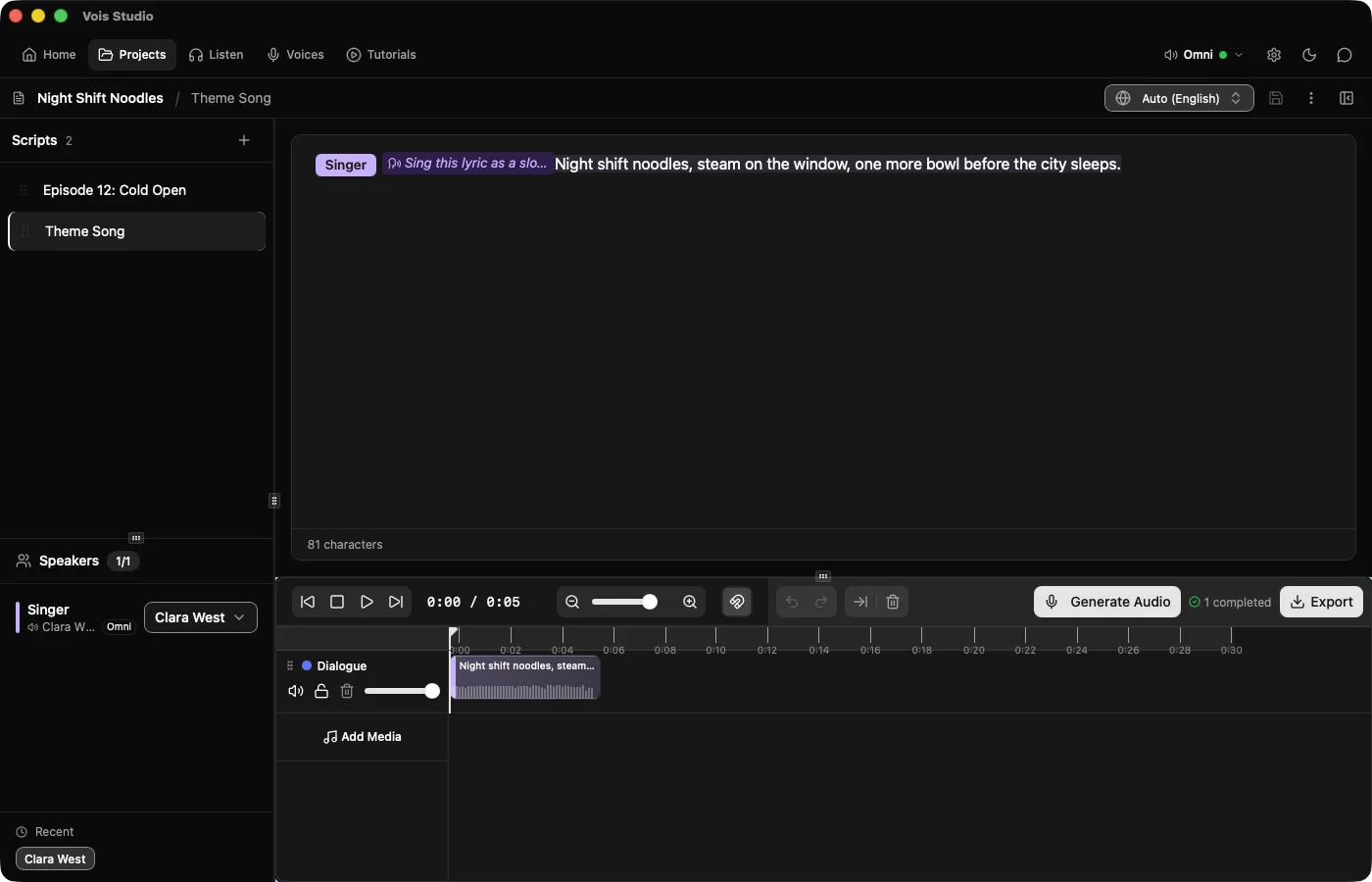 A Singer line in Vois Studio on Omni with the direction Sing this lyric as a slow, gentle folk song before the lyric, and its generated clip on the timeline