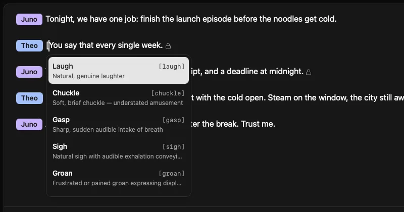 The reaction tag list that opens after typing [ on the Expressive engine, showing Laugh, Chuckle, Gasp, Sigh and Groan