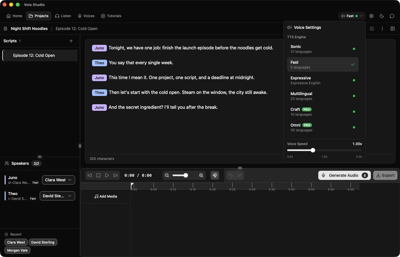 The Vois Studio Voice Settings panel with Sonic, Fast, Expressive, Multilingual, Craft and Omni listed under TTS Engine