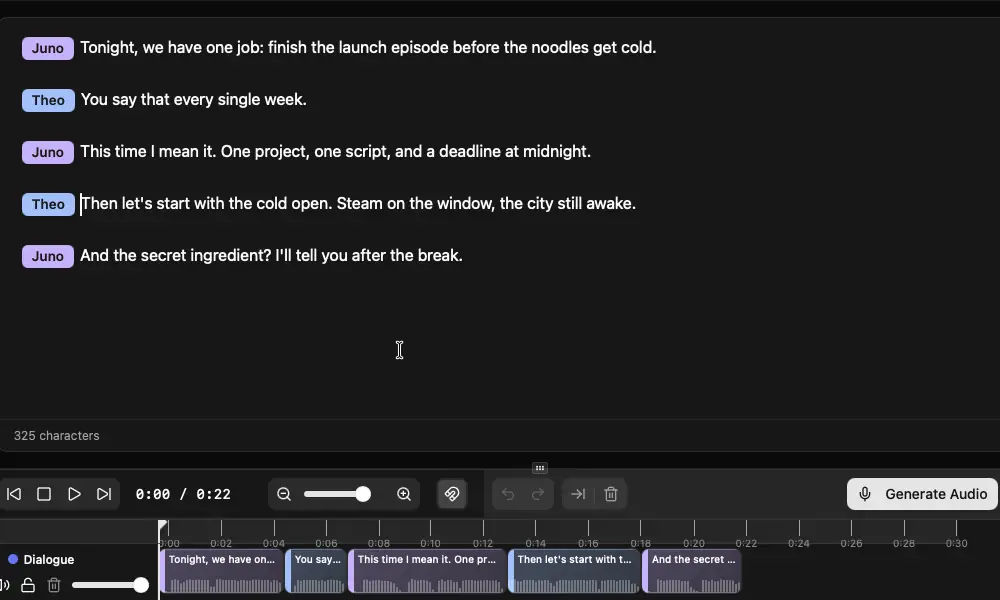 Typing [ before a line in Vois Studio, writing the direction quiet, close to the microphone, like sharing a secret, and clicking Apply