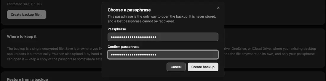 Clicking Create backup and watching the progress bar reach Finished 100%