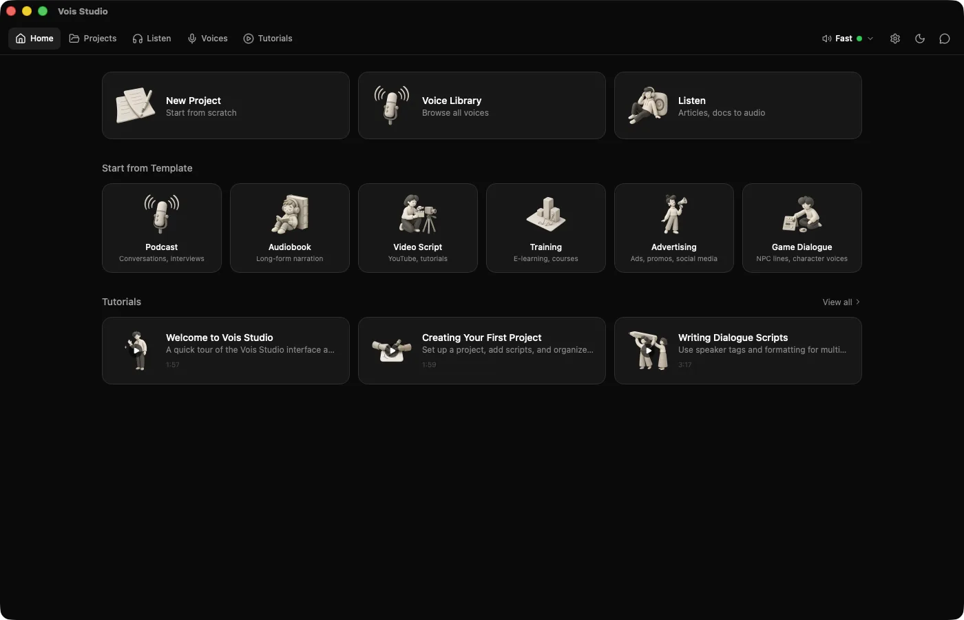 The Vois Studio Home screen with six project templates under Start from Template: Podcast, Audiobook, Video Script, Training, Advertising and Game Dialogue