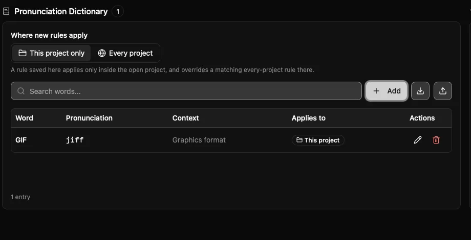 A pronunciation rule in Settings, Pronunciation: GIF pronounced jiff, context Graphics format, applied to this project