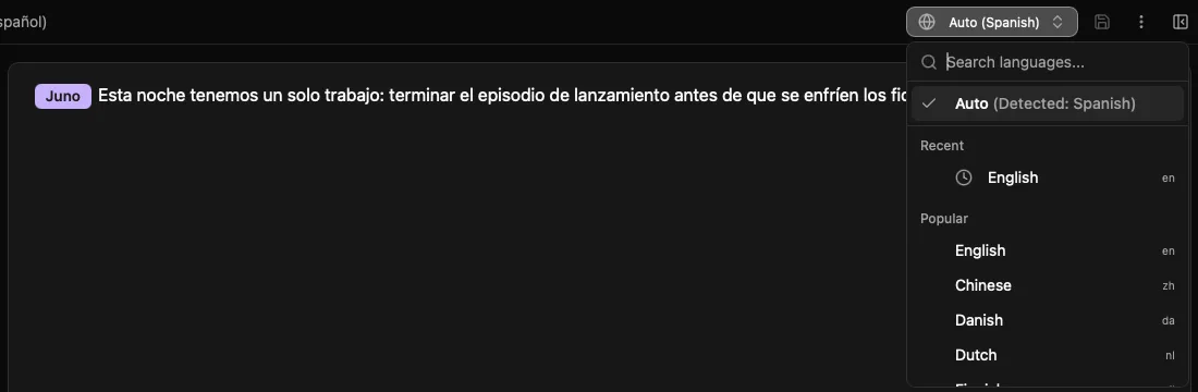 The script language menu showing Auto, detected as Spanish, for a Spanish line