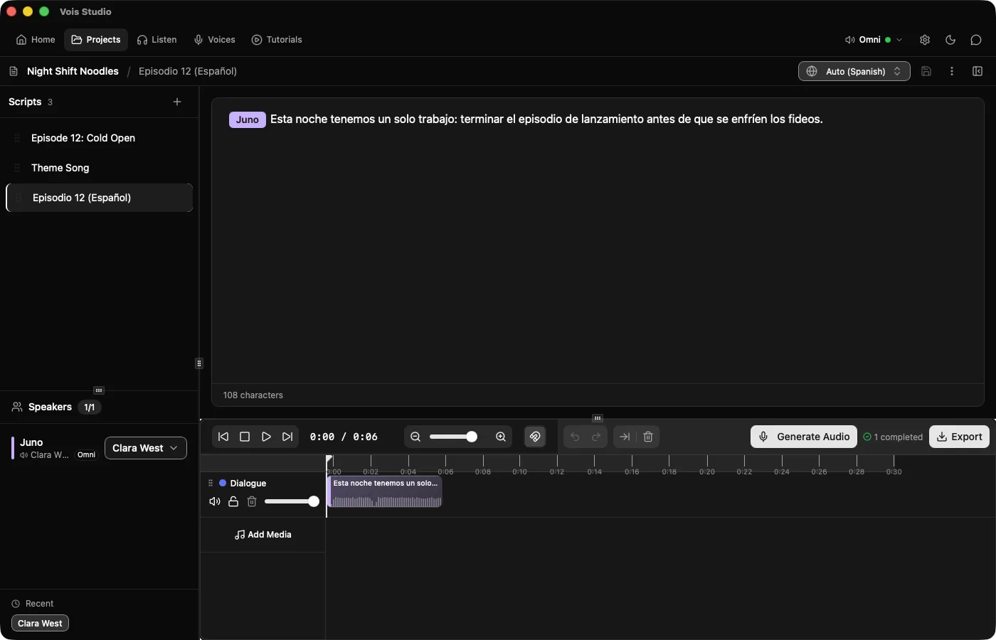 A Spanish line generated with Omni, the toolbar showing Auto (Spanish), and its clip on the timeline