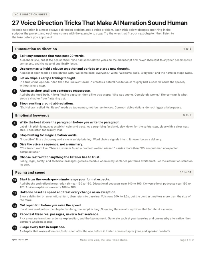 First page of the voice direction cheat sheet PDF