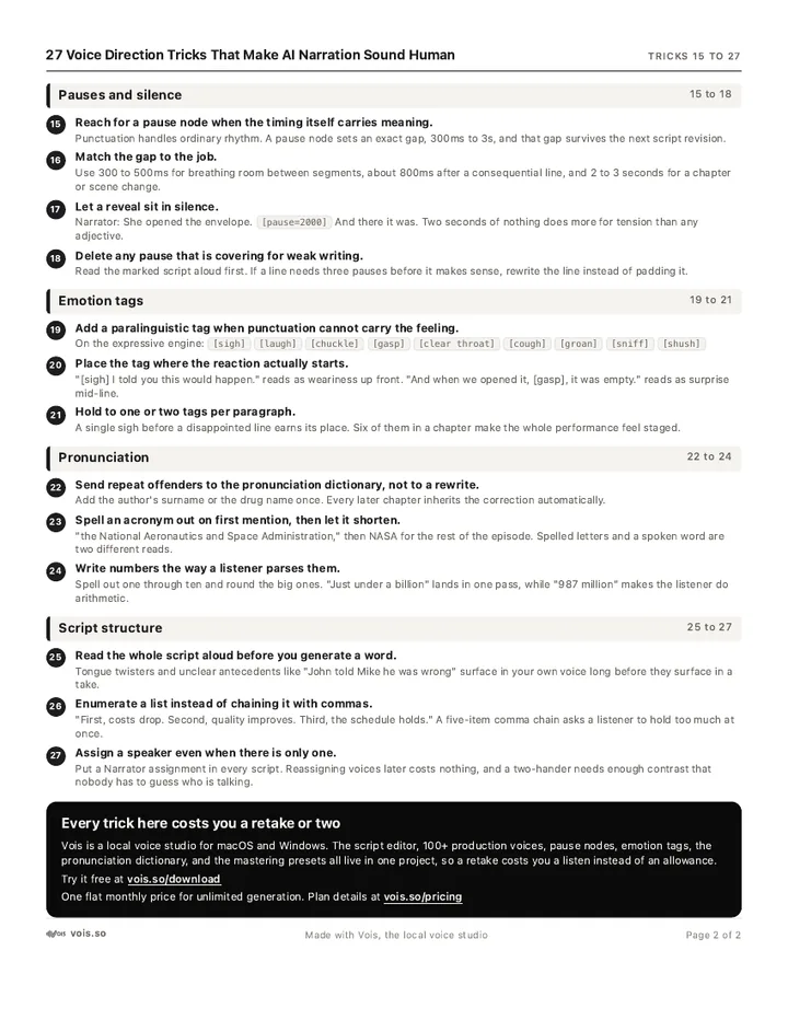 Second page of the voice direction cheat sheet PDF