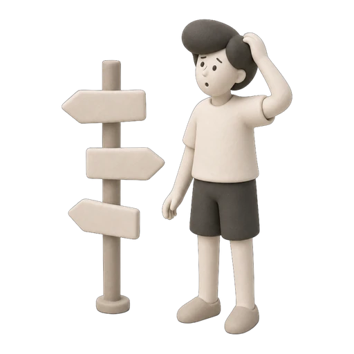 Clay illustration of a person weighing directions at a signpost, representing a production decision